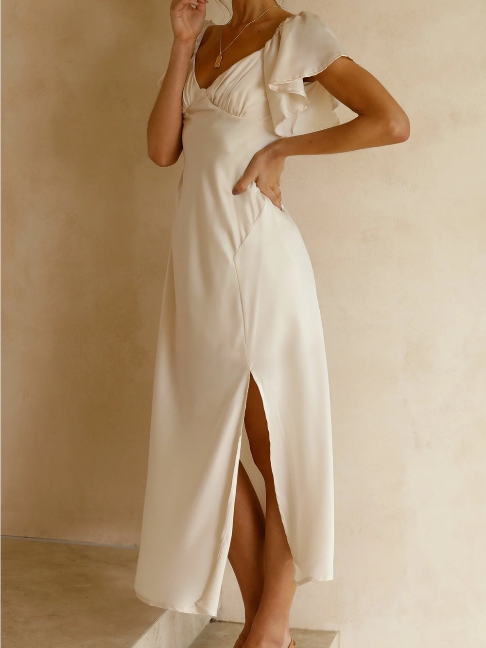 Billy J Ivory Midi Dress with Flutter Sleeve and Side Slit